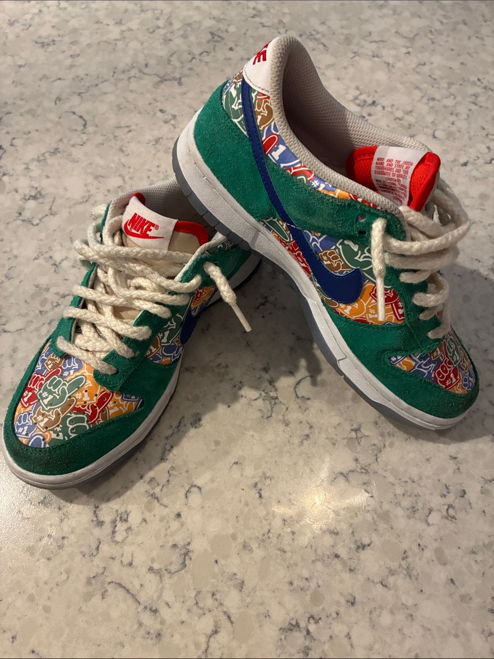 Nike Kids Green Suede Sneakers with Multicolor Graphic